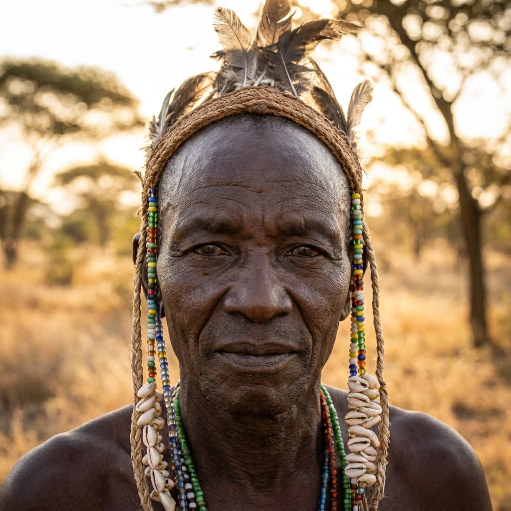/imagine prompt: A captivating portrait of a powerful African tribal elder, their face etched with wisdom and stories. The elder wears intricate traditional adornments made of natural materials like beads, shells, and feathers, reflecting their cultural heritage. Their eyes, deep and knowing, gaze directly into the lens, conveying a sense of resilience and dignity. The lighting is soft and golden, highlighting the texture of their skin and the details of their attire. The background is subtly blurred, suggesting a natural, sun-drenched landscape, perhaps a savanna or a dense forest, without distracting from the subject. This is a hyper-realistic photograph, captured with a professional medium format camera, showcasing incredible detail and vibrant, authentic colors. --ar 16:9 --v 5.2 --style raw