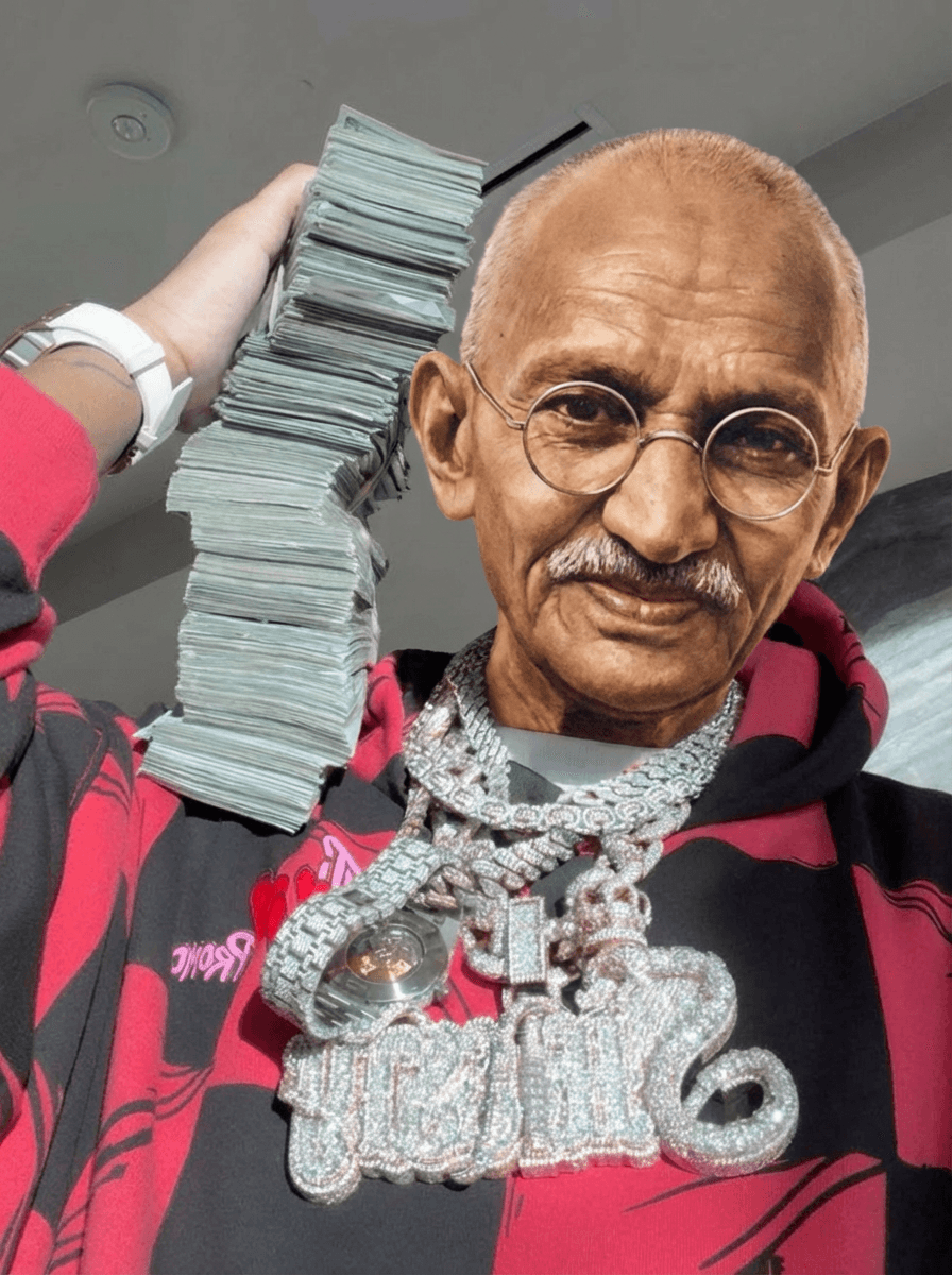 Use the provided image as the base reference. Maintain the exact same environment lighting, camera angle, pose, outfit structure, and composition from the original image.
Replace the original subject with Mahatma Gandhi,Political Leader wearing outfits attached