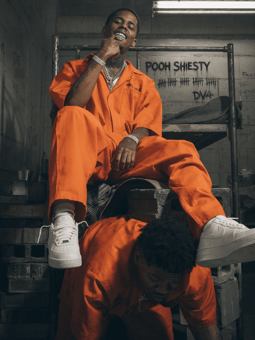 "Hyper-realistic cinematic wide shot, gritty prison interior setting. Pooh Shiesty is lounging arrogantly on a makeshift throne constructed from rusted metal bunk beds and concrete blocks, wearing a bright neon orange oversized prison jumpsuit. He has a triumphant, menacing smile, flashing polished diamond-encrusted grillz that catch the harsh overhead light. DV4D is positioned in a subservient posture, on his knees acting as a human footstool, wearing a matching weathered orange jumpsuit, head bowed in submission. The atmosphere is oppressive and moody, with dramatic chiaroscuro lighting; a single flickering fluorescent light from above creates deep shadows and high contrast. The color palette is dominated by industrial greys, cold concrete textures, and the jarring saturation of the orange jumpsuits. 8k resolution, photorealistic, highly detailed skin textures, sweat beads, metallic reflections on the grillz, cinematic film grain, shot on 35mm lens, urban grit aesthetic."