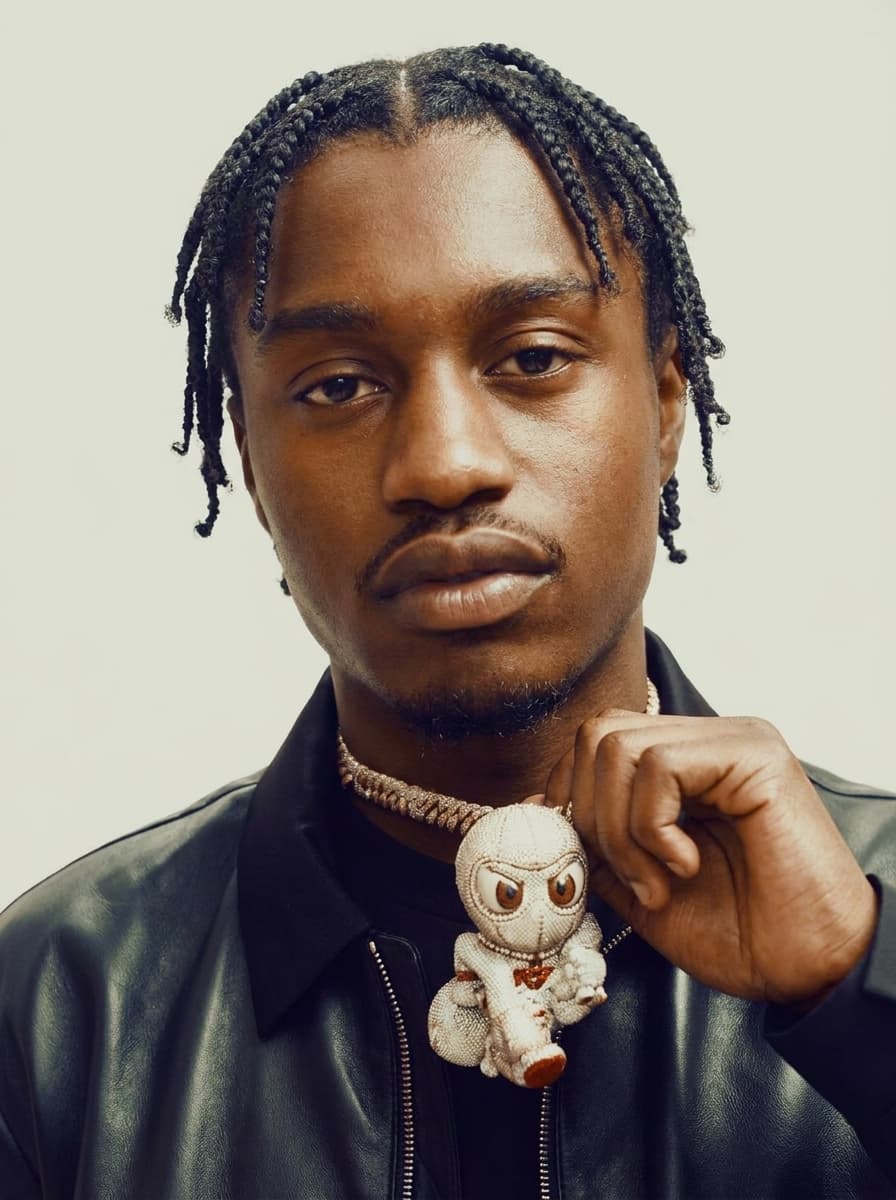 replace the man on left side of image face with lil tjay (refence man) keeping lighting changing nothing else 