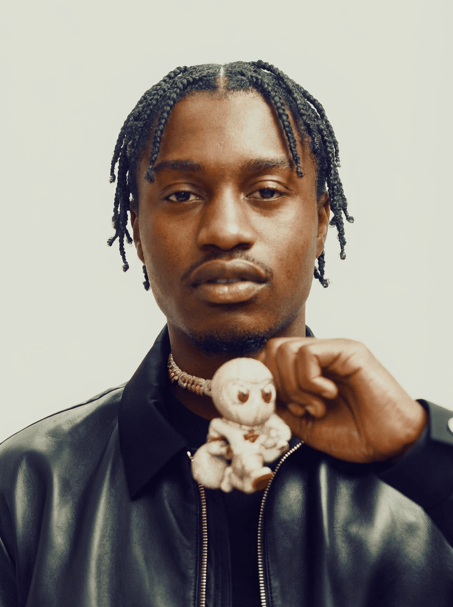 replace the man on left side of image face with lil tjay (refence man) keeping lighting changing nothing else 