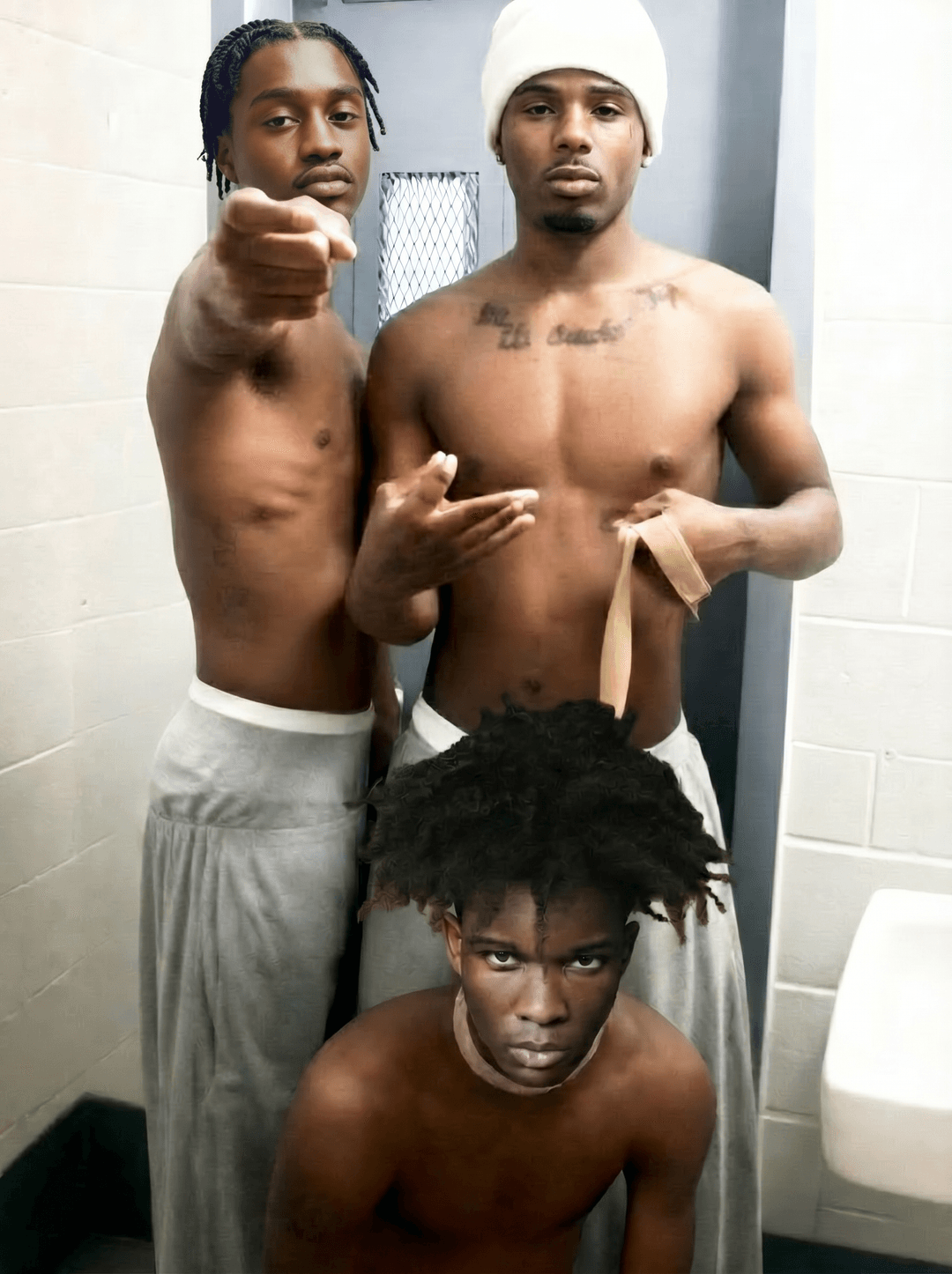 match mans face on left side of image to rest of the scene matching gritty prison lighting and photo quality don't change anything else at all 