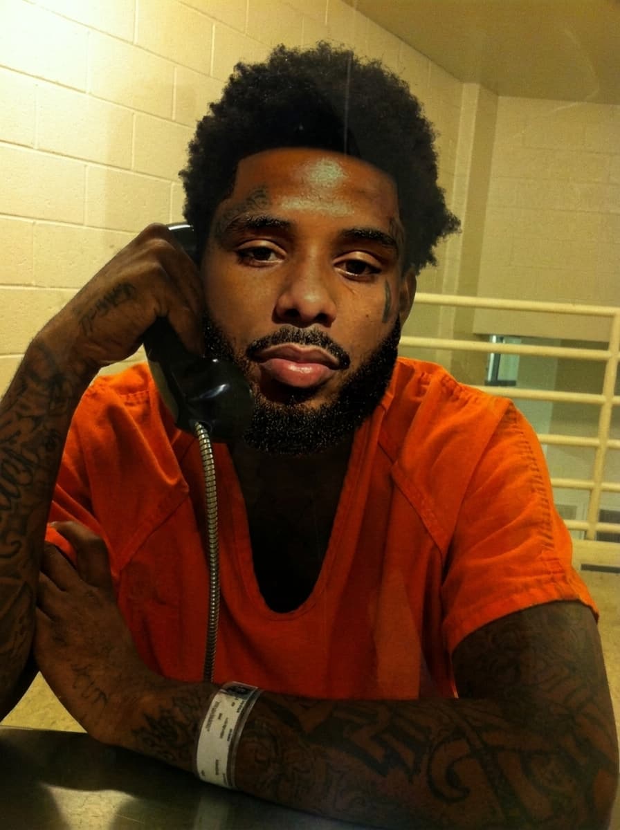 replace the man on phone in jail face with pooh shiesty (refence man) keeping lighting changing nothing else keep reference man facial hair in swap
