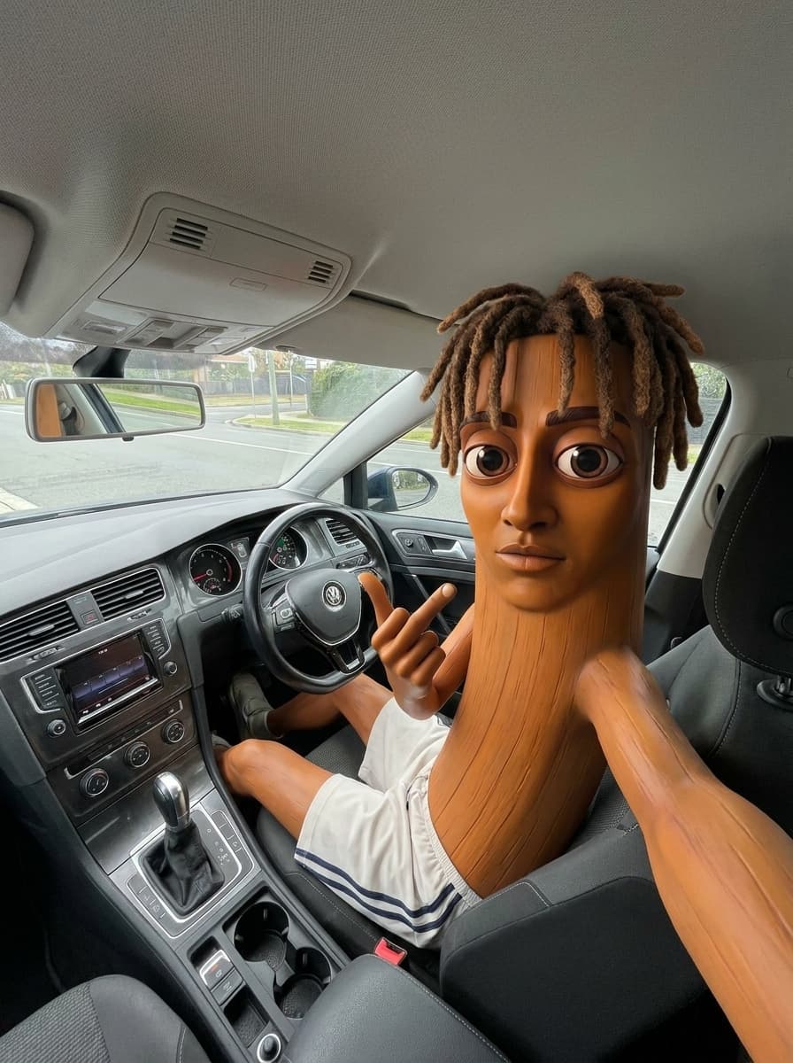Make him sitting in car camera angle like he’s holding phone in his hand take selfie. Give him dreadlocks and keep character consistent