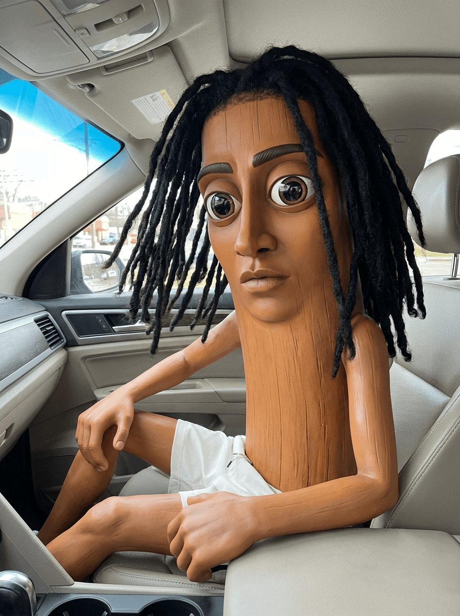 Make him sitting in car looking forward slightly down at camera. Give him black realistic shoulder length freestyle dreadlocks and keep character consistent
