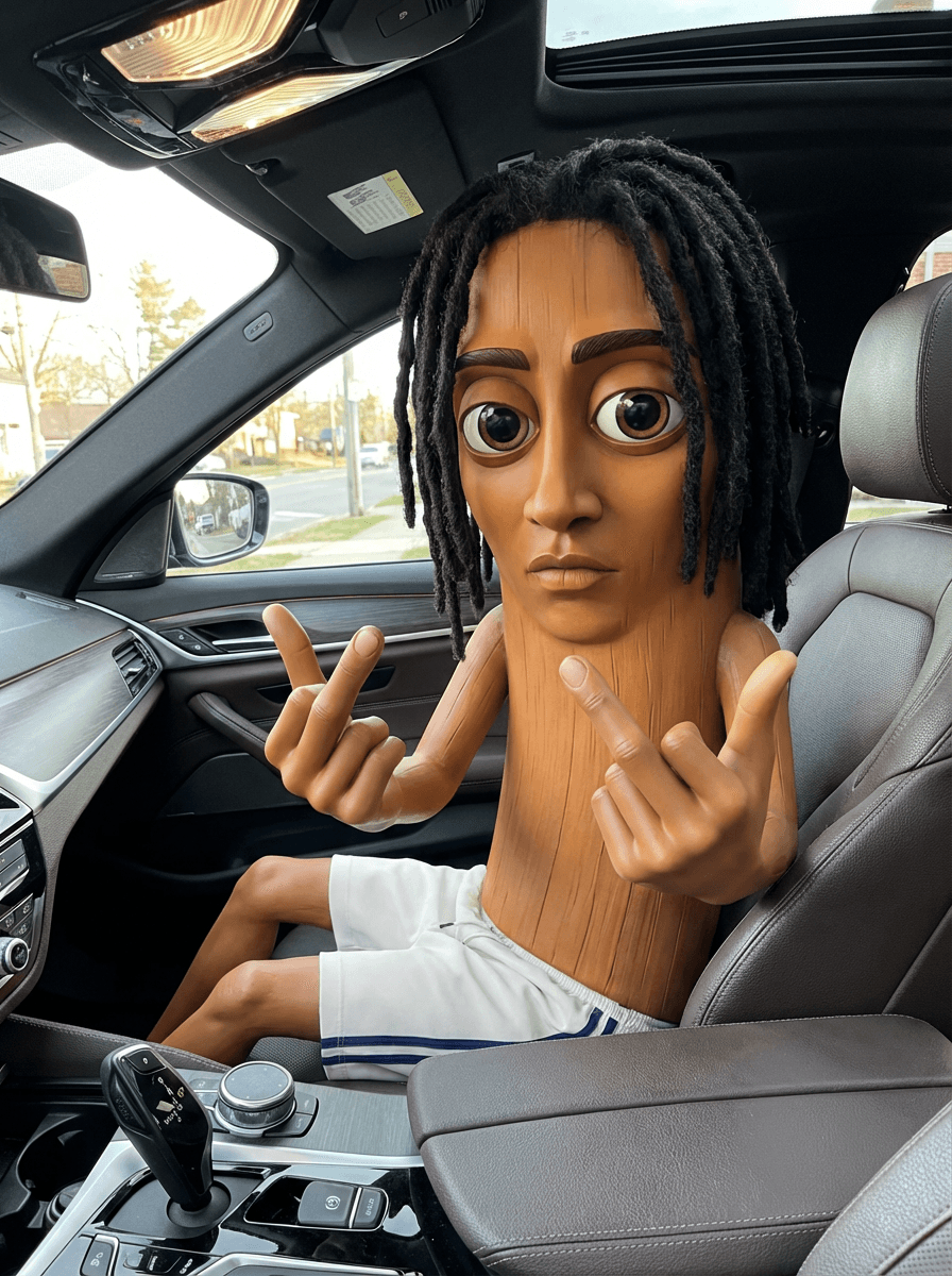 Make him sitting in car looking forward slightly down at camera. Give him black realistic shoulder length freestyle dreadlocks and keep character consistent