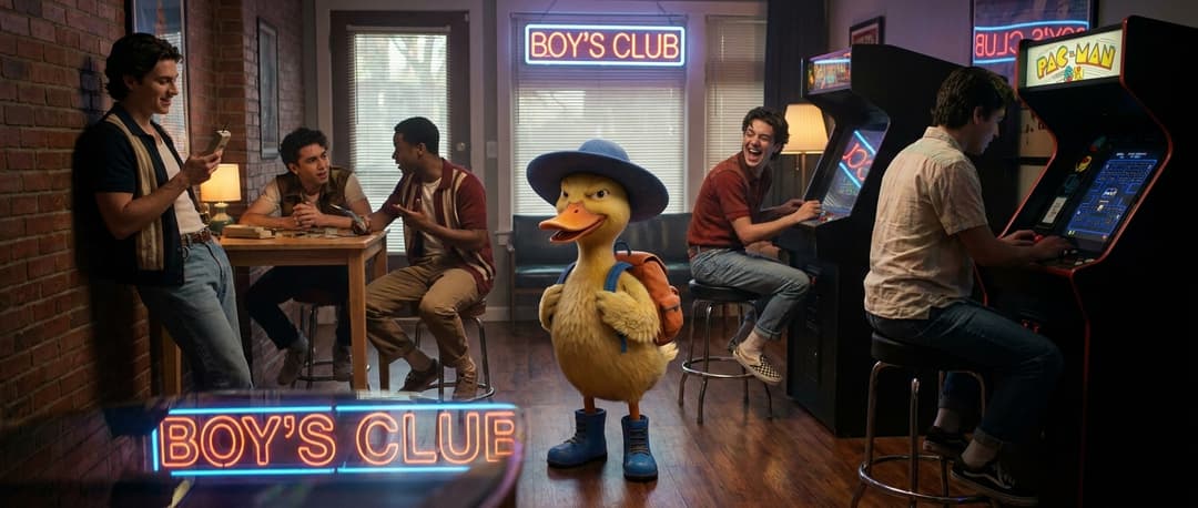 **Prompt:**

Hyperrealistic photograph, high-resolution, cinematic lighting. Quack the duck character, meticulously detailed, with individual feathers, glistening eyes, and a slightly mischievous expression. He's positioned centrally within a bustling "boys club" scene. Around him, a diverse group of young men in their late teens to early twenties, each with distinct, authentic features, engaged in various activities: one laughing boisterously at a joke, another intently playing a vintage arcade game, a third deep in conversation, and a fourth casually leaning against a brick wall, smartphone in hand. The setting is a dimly lit, richly textured space – perhaps a classic American diner booth, a retro-styled game arcade, or a cozy, wood-paneled bar with neon signs reflecting in puddles on the floor. Focus on natural, soft light illuminating their faces and the subtle interplay of shadows. The atmosphere is lively, authentic, and full of youthful energy. Shot on a Sony A7R IV with a G Master 85mm f/1.4 lens, 1/160 sec, ISO 400.
