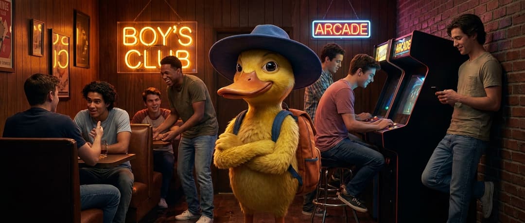 **Prompt:**

Hyperrealistic photograph, high-resolution, cinematic lighting. Quack the duck character, meticulously detailed, with individual feathers, glistening eyes, and a slightly mischievous expression. He's positioned centrally within a bustling "boys club" scene. Around him, a diverse group of young men in their late teens to early twenties, each with distinct, authentic features, engaged in various activities: one laughing boisterously at a joke, another intently playing a vintage arcade game, a third deep in conversation, and a fourth casually leaning against a brick wall, smartphone in hand. The setting is a dimly lit, richly textured space – perhaps a classic American diner booth, a retro-styled game arcade, or a cozy, wood-paneled bar with neon signs reflecting in puddles on the floor. Focus on natural, soft light illuminating their faces and the subtle interplay of shadows. The atmosphere is lively, authentic, and full of youthful energy. Shot on a Sony A7R IV with a G Master 85mm f/1.4 lens, 1/160 sec, ISO 400.