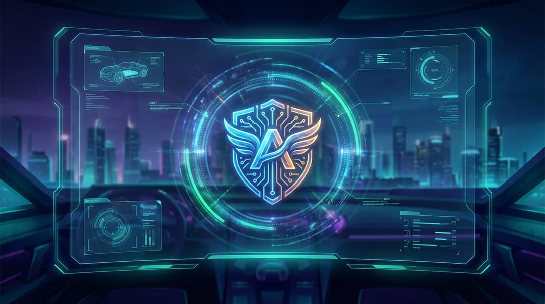 futuristic hud dashboard terminal wallpaper with this logo as centerpiece 