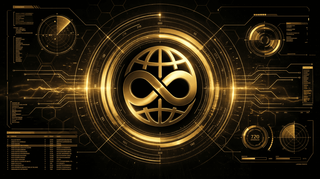 futuristic hud dashboard terminal wallpaper with this logo as centerpiece. Black and gold theme