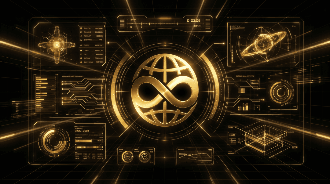futuristic hud dashboard terminal wallpaper with this logo as centerpiece. Black and gold theme