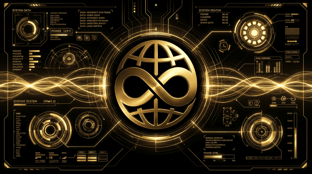 futuristic iron man jarvis like hud dashboard terminal wallpaper with this logo as centerpiece. Black and gold theme