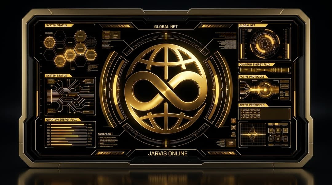 futuristic iron man jarvis like hud dashboard terminal wallpaper with this logo as centerpiece. Black and gold theme