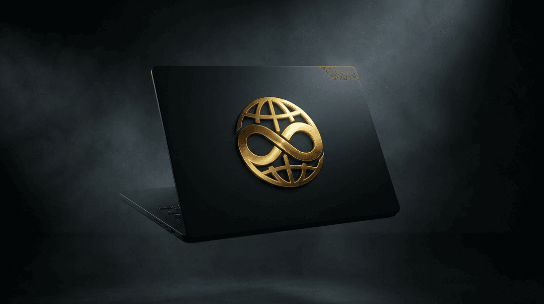 black laptop sith gold logo in center  floating in black atmospheric room cinematic 4k ultra realistic