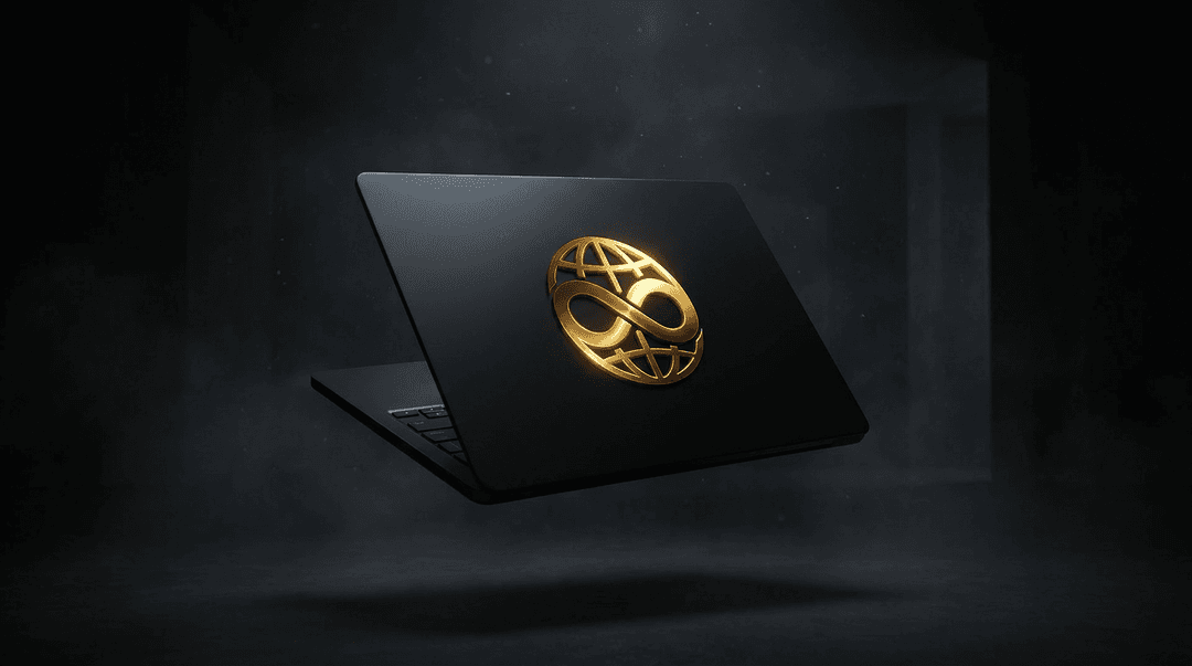 black laptop sith gold logo in center  floating in black atmospheric room cinematic 4k ultra realistic
