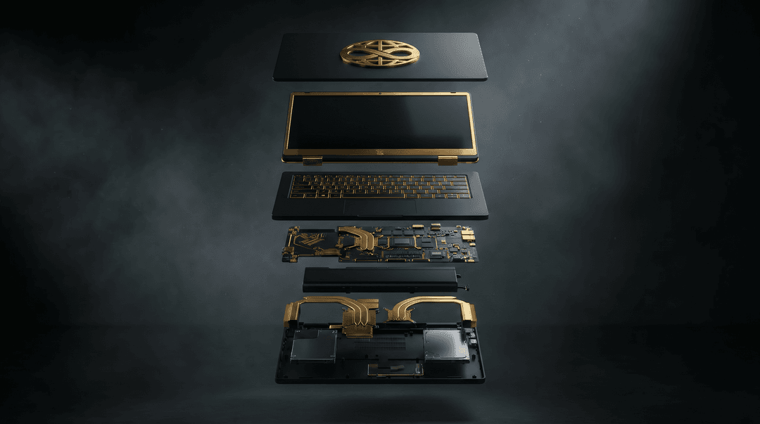 face laptop screen towards camera make this a 3d part breakdown vertically stacked on top of each other with space exposing each componsents. keep components realistic and black and gold colored