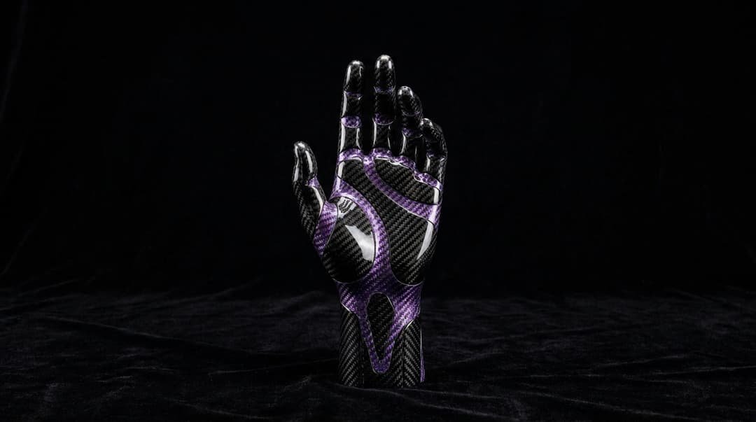 /imagine prompt: A hyperrealistic photograph of a futuristic hand, meticulously crafted from black and iridescent purple carbon fiber, reaching upward from the bottom of the frame. The hand is sleek, angular, and exhibits subtle, glinting highlights that catch the light. It emerges from an atmospheric, inky black background, rendered with a deep, velvety texture that absorbs all light, creating a sense of infinite depth. The composition is dramatic, with a focus on the intricate details of the carbon fiber weave and the elegant, almost ethereal glow of the purple accents. The lighting is precise and dramatic, emphasizing the contours and textures, creating a striking contrast between the luminous hand and the profound darkness. Shot with a Hasselblad X1D II 50C, 90mm f/3.2 XCD lens, ISO 100, 1/250 sec, f/8. Studio lighting with softboxes and a single, focused spotlight on the hand.