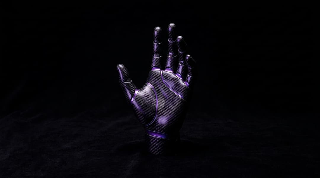 /imagine prompt: A hyperrealistic photograph of a futuristic hand, meticulously crafted from black and iridescent purple carbon fiber, reaching upward from the bottom of the frame. The hand is sleek, angular, and exhibits subtle, glinting highlights that catch the light. It emerges from an atmospheric, inky black background, rendered with a deep, velvety texture that absorbs all light, creating a sense of infinite depth. The composition is dramatic, with a focus on the intricate details of the carbon fiber weave and the elegant, almost ethereal glow of the purple accents. The lighting is precise and dramatic, emphasizing the contours and textures, creating a striking contrast between the luminous hand and the profound darkness. Shot with a Hasselblad X1D II 50C, 90mm f/3.2 XCD lens, ISO 100, 1/250 sec, f/8. Studio lighting with softboxes and a single, focused spotlight on the hand.