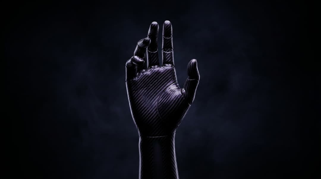 Hyperrealistic cinematic tech wallpaper. A futuristic hand, crafted from sleek, iridescent black and deep purple carbon fiber, reaches upwards from the bottom of the frame. The perspective is such that the very bottom of the palm and the end of the arm are not visible, creating a sense of emergence. The carbon fiber exhibits an intricate weave pattern, catching subtle light reflections that highlight its texture and the subtle shift between the black and purple hues. The background is an atmospheric, inky black, with a very subtle, almost imperceptible, wispy haze that adds depth without distracting from the hand. The lighting is dramatic and directional, casting soft, yet defined, shadows that enhance the three-dimensionality of the hand. Ultra-high detail, cinematic quality, professional studio lighting, 8K, f/1.8, ISO 100.