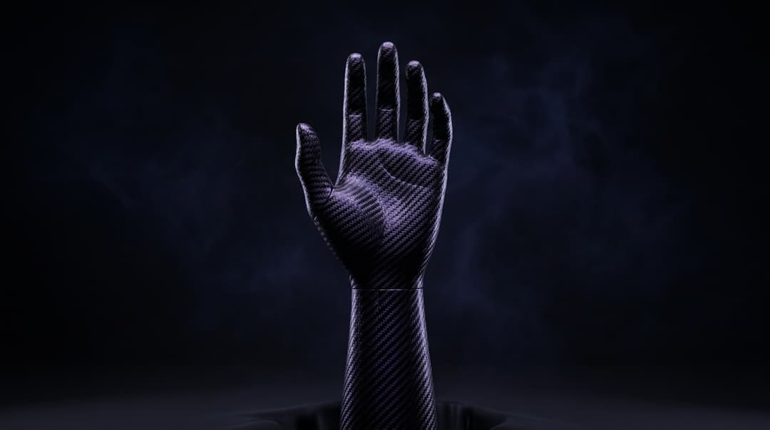 Hyperrealistic cinematic tech wallpaper. A futuristic hand, crafted from sleek, iridescent black and deep purple carbon fiber, reaches upwards from the bottom of the frame. The perspective is such that the very bottom of the palm and the end of the arm are not visible, creating a sense of emergence. The carbon fiber exhibits an intricate weave pattern, catching subtle light reflections that highlight its texture and the subtle shift between the black and purple hues. The background is an atmospheric, inky black, with a very subtle, almost imperceptible, wispy haze that adds depth without distracting from the hand. The lighting is dramatic and directional, casting soft, yet defined, shadows that enhance the three-dimensionality of the hand. Ultra-high detail, cinematic quality, professional studio lighting, 8K, f/1.8, ISO 100.