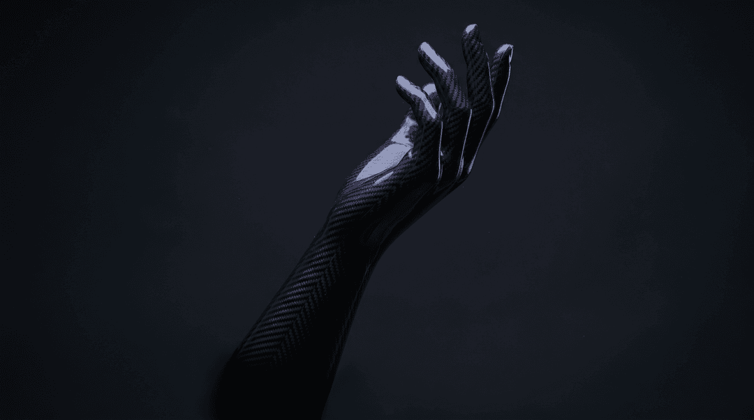 /imagine prompt: A hyper-realistic, cinematic photograph of a futuristic hand, forged from intricate black and deep purple carbon fiber, gracefully emerging from the lower portion of the frame. The hand is angled upwards, with only its mid-forearm and fingers visible, extending to approximately two-thirds of the image height. The bottom edge of the hand and the end of the arm are intentionally obscured, creating a sense of mystery and emergence. The background is a seamless, atmospheric black, allowing the carbon fiber's subtle sheen and texture to be the focal point. The lighting is dramatic and precise, highlighting the geometric patterns and interwoven strands of the carbon fiber, creating a powerful, high-tech, and slightly faded aesthetic, perfect for a sophisticated tech wallpaper. Studio lighting, shallow depth of field, 85mm lens, f/1.8, ISO 100, professional photography, ultra-detailed, sharp focus.