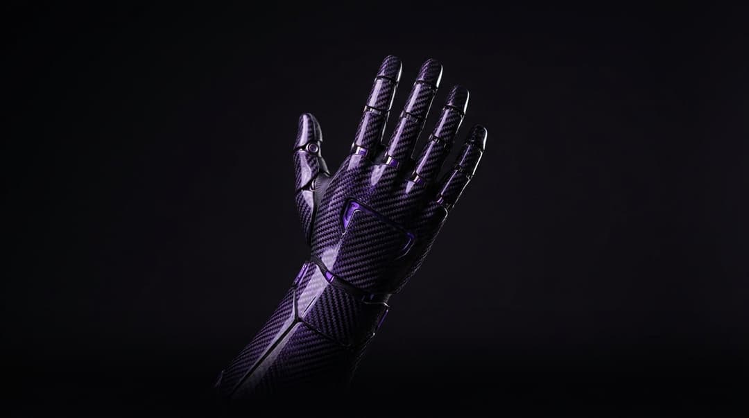 /imagine prompt: A hyper-realistic, cinematic photograph of a futuristic hand, forged from intricate black and deep purple carbon fiber, gracefully emerging from the lower portion of the frame. The hand is angled upwards, with only its mid-forearm and fingers visible, extending to approximately two-thirds of the image height. The bottom edge of the hand and the end of the arm are intentionally obscured, creating a sense of mystery and emergence. The background is a seamless, atmospheric black, allowing the carbon fiber's subtle sheen and texture to be the focal point. The lighting is dramatic and precise, highlighting the geometric patterns and interwoven strands of the carbon fiber, creating a powerful, high-tech, and slightly faded aesthetic, perfect for a sophisticated tech wallpaper. Studio lighting, shallow depth of field, 85mm lens, f/1.8, ISO 100, professional photography, ultra-detailed, sharp focus.