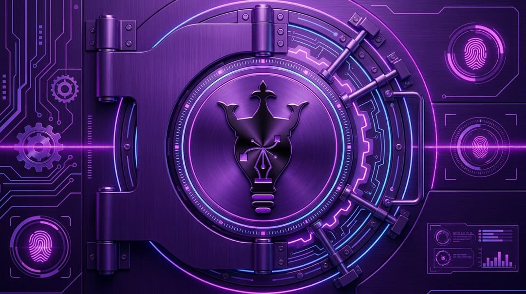 futuristic realistic tech bank style vault door deep purple gradients incorporating this logo stylishly on vault 
