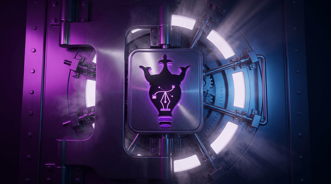 black atmospheric cinematic enviornment revealing emerging futuristic realistic tech bank style vault door deep purple gradients incorporating this logo stylishly on vault 