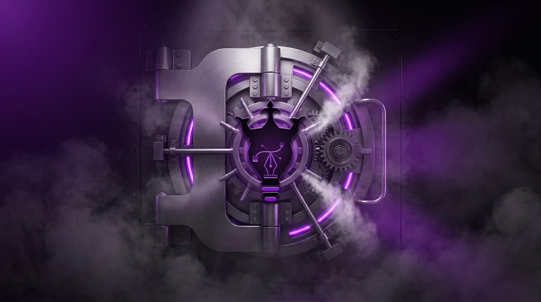 black atmospheric cinematic enviornment revealing emerging futuristic realistic tech bank style vault door deep purple gradients incorporating this logo stylishly on vault 