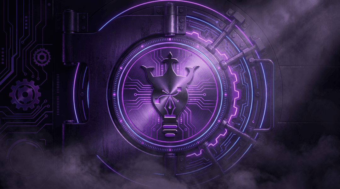 black atmospheric cinematic enviornment revealing emerging futuristic realistic tech bank style vault door deep purple gradients incorporating this logo stylishly on vault 