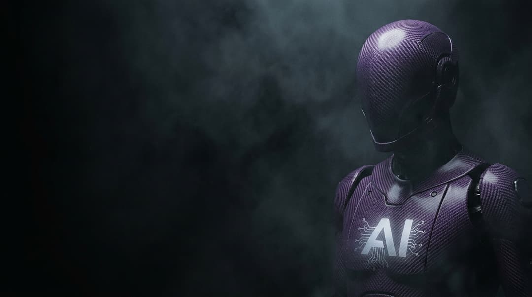 stmospheric black cinematic emerging ai humanoid head in purple carbon fiber and this logo on chest revealing upper body of robot only on right side of image with left 2/3rd of image empty space