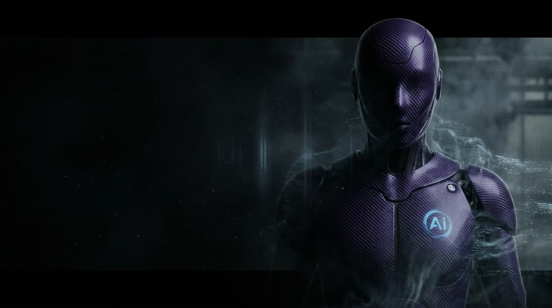 stmospheric black cinematic emerging ai humanoid head in purple carbon fiber and this logo on chest revealing upper body of robot only on right side of image with left 2/3rd of image empty space