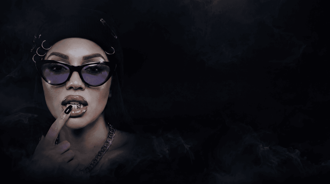 place woman in black atmospheric scene on left 1/3 of screen keeping pose and position just matching lighting keeping cinematic lighting and color grading and blurring her edges into the smoke naturally