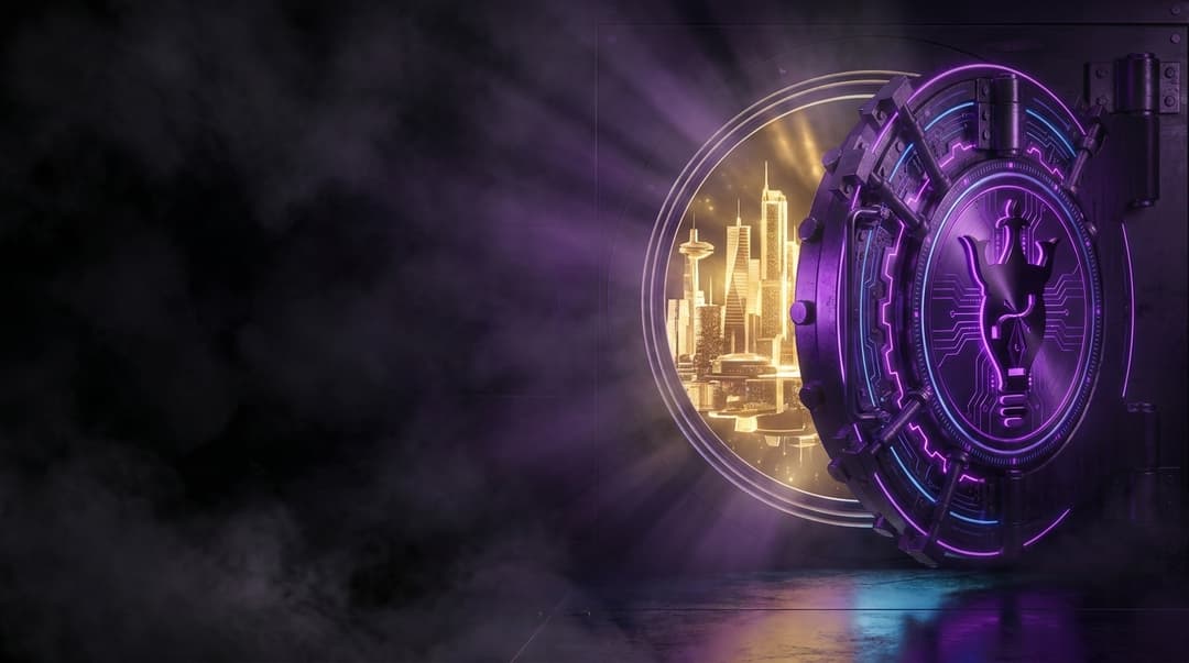 black atmospheric cinematic enviornment revealing emerging futuristic realistic tech bank style open vault door deep purple gradients incorporating this logo stylishly on vault and inside door you can se glimmering gold holographic city. vault should be on right 1/3 of image with other 2/3 left of image being black atmospheric smoke
