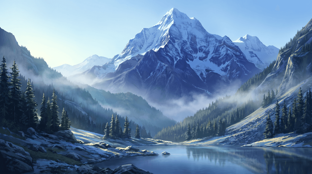 A serene blue mountain landscape, majestic snow-capped peak tinted in deep cobalt and icy azure tones, soft morning mist in the valleys, crisp alpine light, realistic digital painting, high detail
