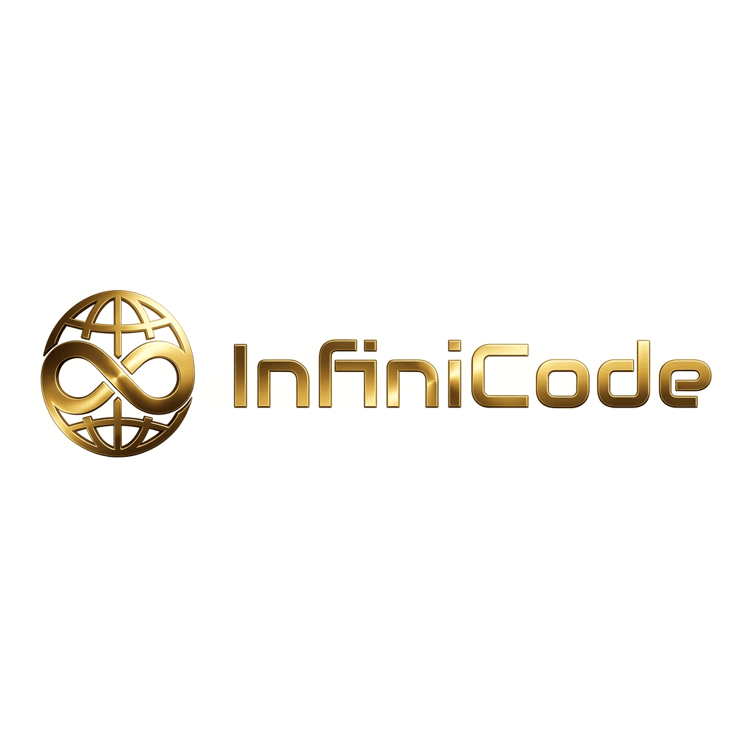 add text to logo on right of icon in stylish tech typography "InfiniCode"