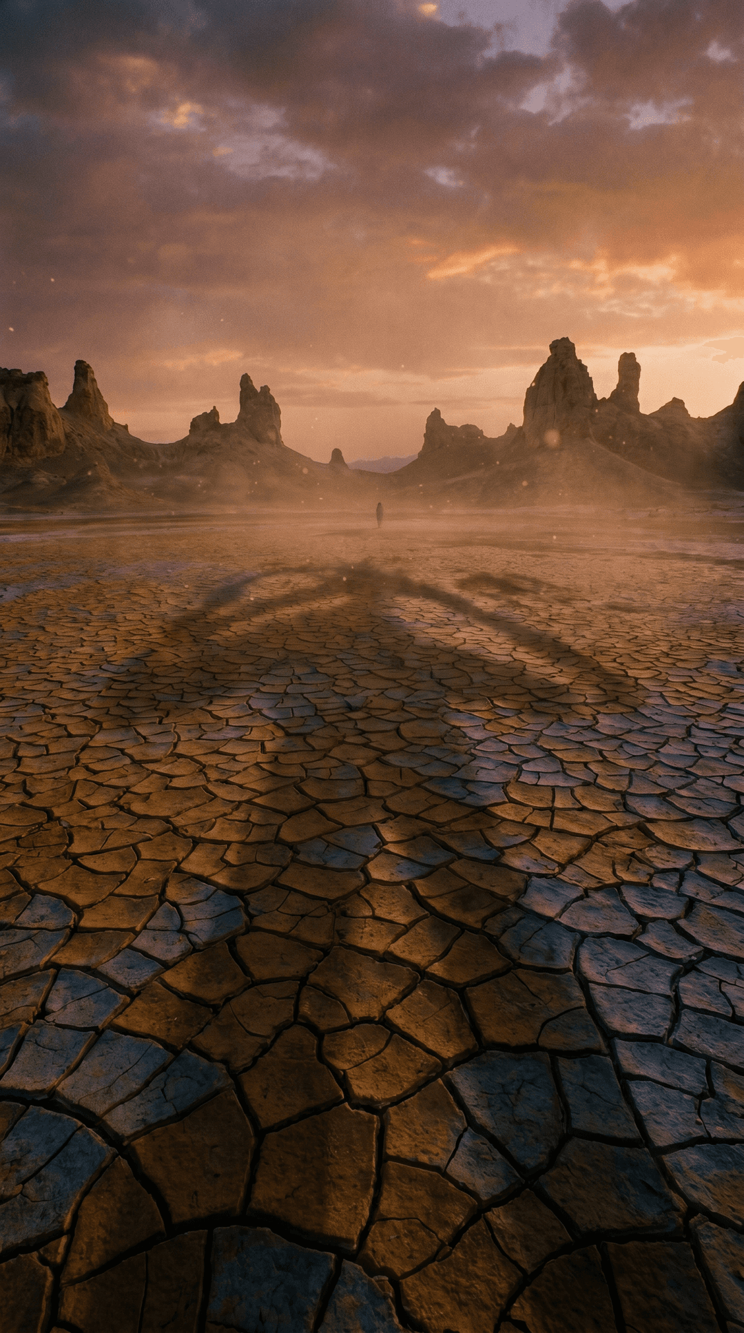 /imagine prompt: A desolate, dried-up lake crater, vast and ancient, under a dramatic, twilight sky. The ground is cracked and parched, resembling a mosaic of shattered earth. In the distance, jagged, eroded rock formations rise like skeletal sentinels. The light is diffused and hazy, casting long, stark shadows that emphasize the deep textures of the earth. A sense of profound solitude and eerie beauty permeates the scene. Hyperrealistic photography, cinematic lighting, ultra-high detail, 8K, wide-angle lens, film grain, muted color palette with deep ochre and slate tones, subtle volumetric dust in the air.