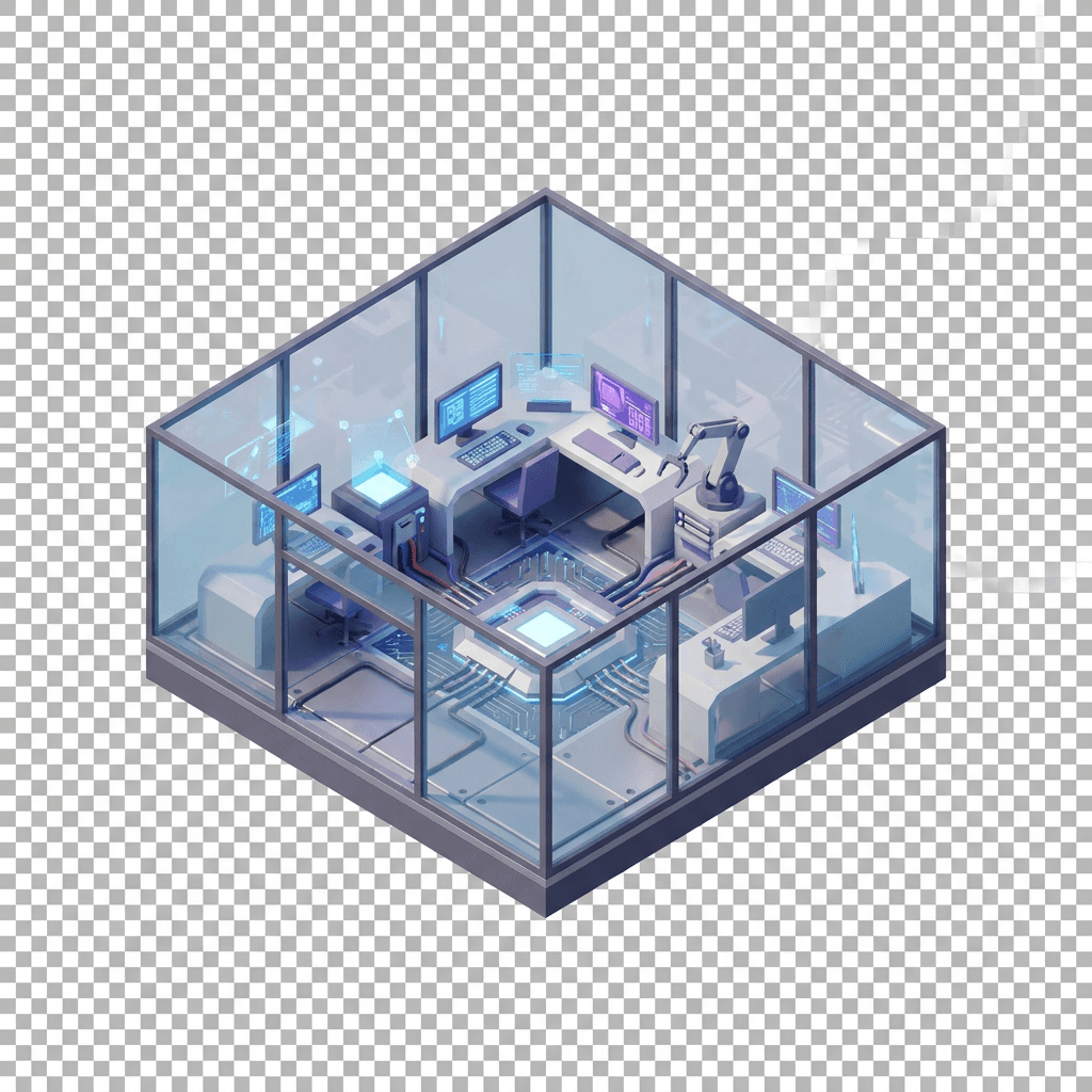 Isometric game asset: a single futuristic cyber ai office tile, shown as one 2:1 isometric diamond block, centered and isolated, clean stylized low-poly art style, soft even studio lighting, crisp edges, consistent scale, on a fully transparent background, no ground plane, no cast shadow. Top-down isometric video game sprite. No text, no UI, no border.