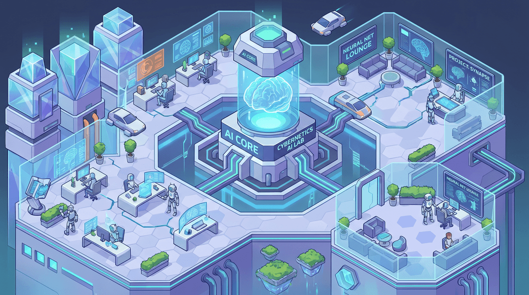 Isometric view: futuristic cyber ai office. Highly detailed isometric game map illustration, cohesive clean stylized low-poly art direction, clean diorama composition, soft lighting.