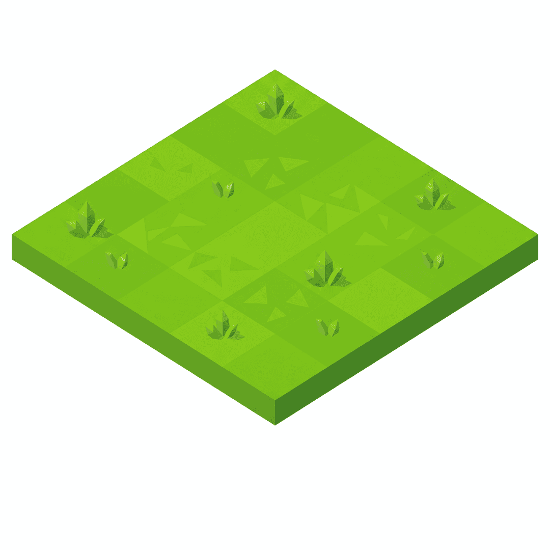 Isometric game terrain tile: a single lush vibrant green grass block, one 2:1 isometric diamond, top-down isometric, clean stylized low-poly, vibrant art style, soft even lighting, fills the whole tile, opaque, seamless, no background, no shadow, no text. Game sprite.