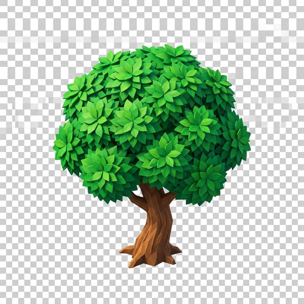 Isometric game asset: a single round lush green tree, single object centered, clean stylized low-poly art style, on a fully transparent background, no ground, no shadow. Single centered sprite.