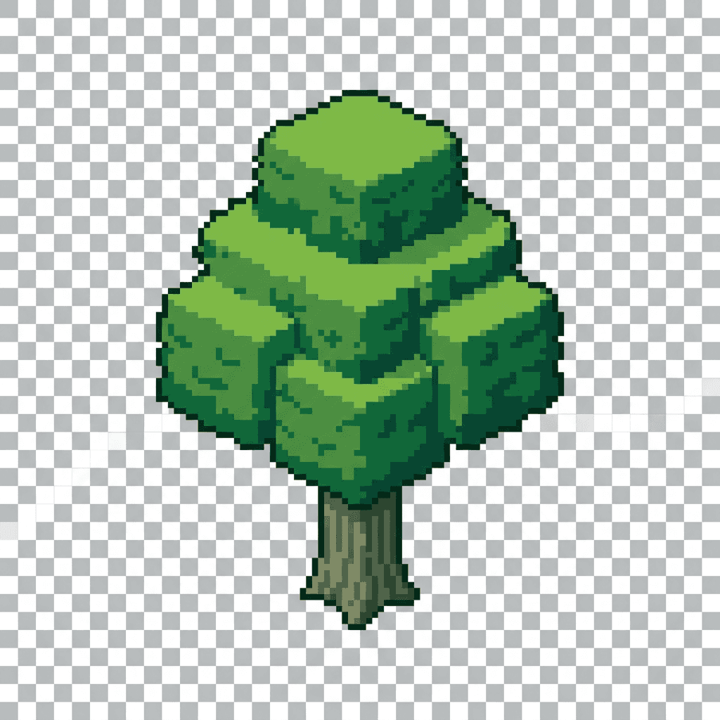 a single green tree on transparent background, isometric sprite