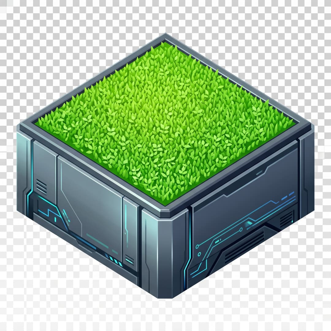 A single isometric game tile: a lush vibrant green grass for a futuristic cyber office world cube block in true 2:1 isometric (dimetric) projection — a flat diamond top face plus the left and right vertical side faces visible. One consistent light source from the upper-left. Centered, the block fills the frame, clean stylized low-poly, vibrant art style, crisp clean edges, designed to tile so identical blocks sit flush edge-to-edge. Fully transparent background, no drop shadow, no text, no extra objects.