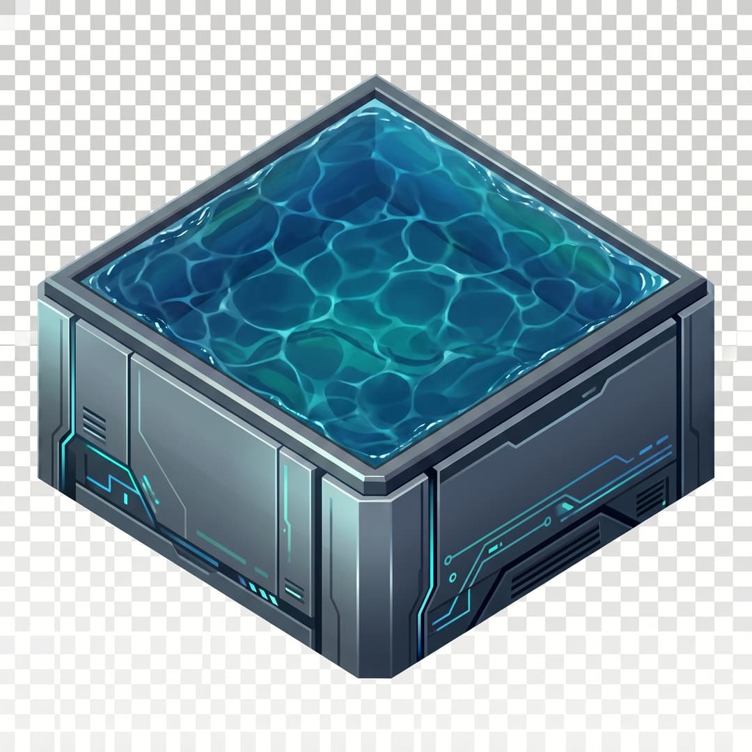 Re-texture this isometric cube block: keep its exact shape, size, 2:1 isometric proportions, edge positions and upper-left lighting identical to the reference image, but change ONLY the surface material to deep blue ocean water for a futuristic cyber office world. clean stylized low-poly, vibrant art style. Fully transparent background, no drop shadow, no text.