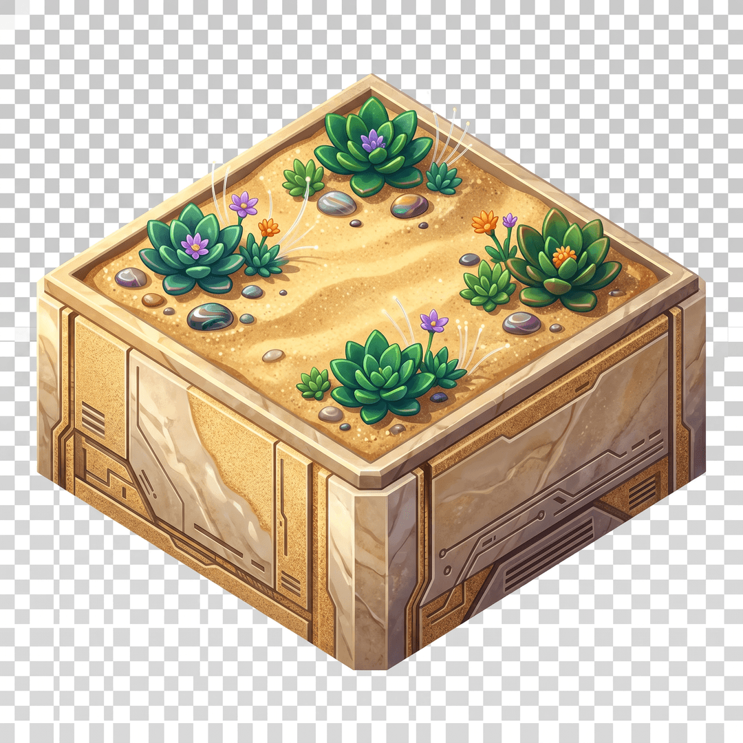 Re-texture this isometric cube block: keep its exact shape, size, 2:1 isometric proportions, edge positions and upper-left lighting identical to the reference image, but change ONLY the surface material to golden sandy beach for a futuristic cyber office world. clean stylized low-poly, vibrant art style. Fully transparent background, no drop shadow, no text.