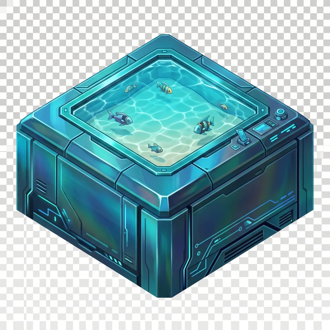 Re-texture this isometric cube block: keep its exact shape, size, 2:1 isometric proportions, edge positions and upper-left lighting identical to the reference image, but change ONLY the surface material to shallow turquoise tropical water for a futuristic cyber office world. clean stylized low-poly, vibrant art style. Fully transparent background, no drop shadow, no text.