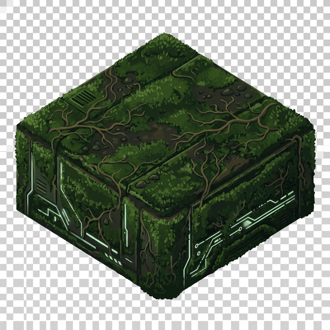 Re-texture this isometric cube block: keep its exact shape, size, 2:1 isometric proportions, edge positions and upper-left lighting identical to the reference image, but change ONLY the surface material to dark green mossy forest floor for a futuristic cyber office world. clean stylized low-poly, vibrant art style. Fully transparent background, no drop shadow, no text.