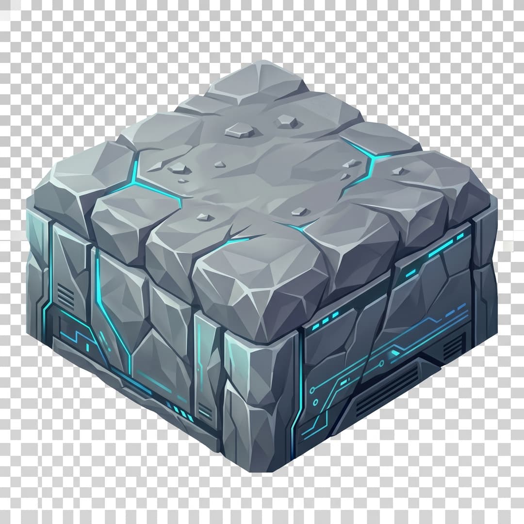 Re-texture this isometric cube block: keep its exact shape, size, 2:1 isometric proportions, edge positions and upper-left lighting identical to the reference image, but change ONLY the surface material to grey rocky mountain stone for a futuristic cyber office world. clean stylized low-poly, vibrant art style. Fully transparent background, no drop shadow, no text.
