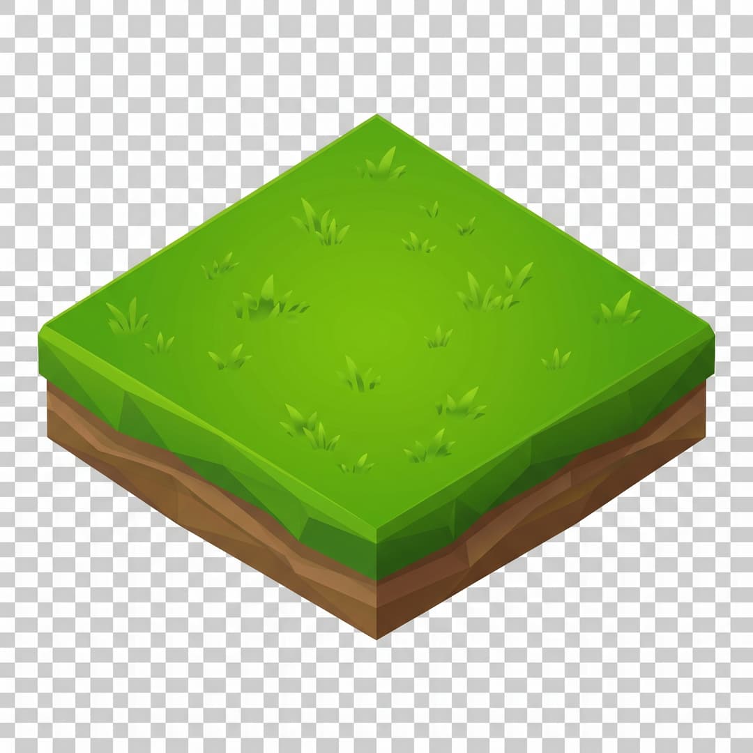 Isometric game terrain tile: a single lush vibrant green grass block, one 2:1 isometric diamond, top-down isometric, clean stylized low-poly, vibrant art style, soft even lighting, fills the whole tile, opaque, seamless, no background, no shadow, no text. Game sprite.