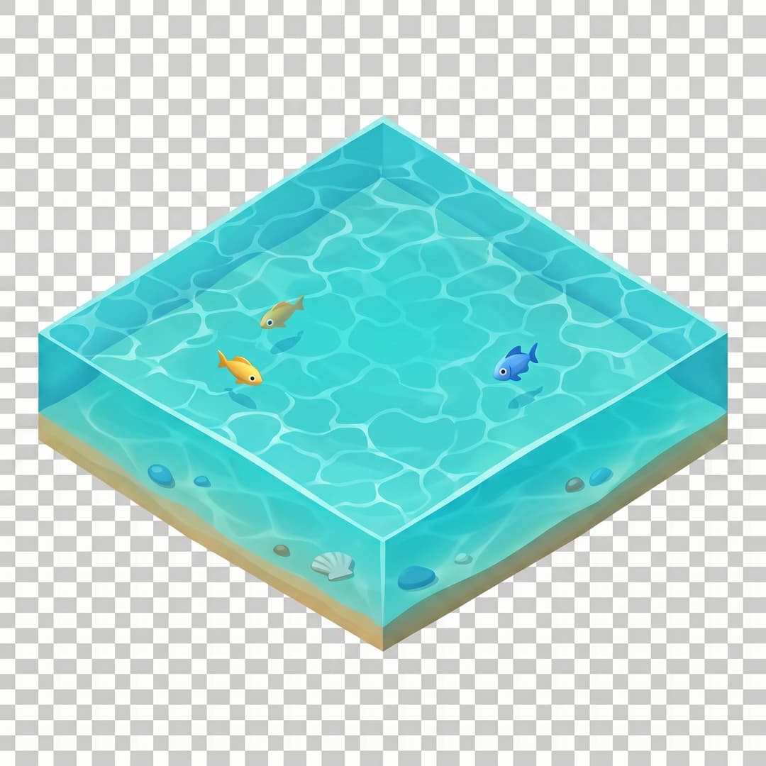 Isometric game terrain tile: a single shallow turquoise tropical water block, one 2:1 isometric diamond, top-down isometric, clean stylized low-poly, vibrant art style, soft even lighting, fills the whole tile, opaque, seamless, no background, no shadow, no text. Game sprite.